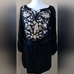 Lucky Brand Gorgeous Boho Long Tunic Top / Mini Dress Embroidered Black Cream XS